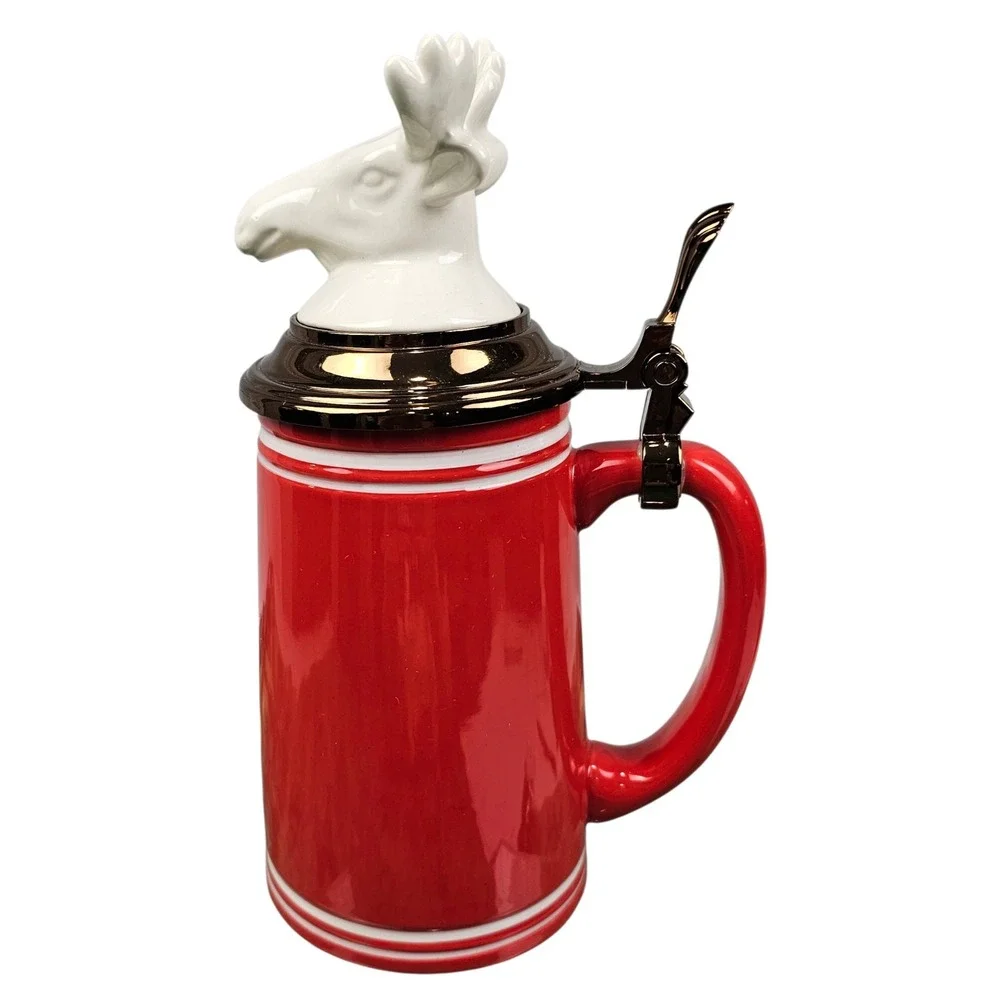 Threshold Red Stoneware Beer Stein with White Moose‎ Head Hinged Lid 9.5 Inch